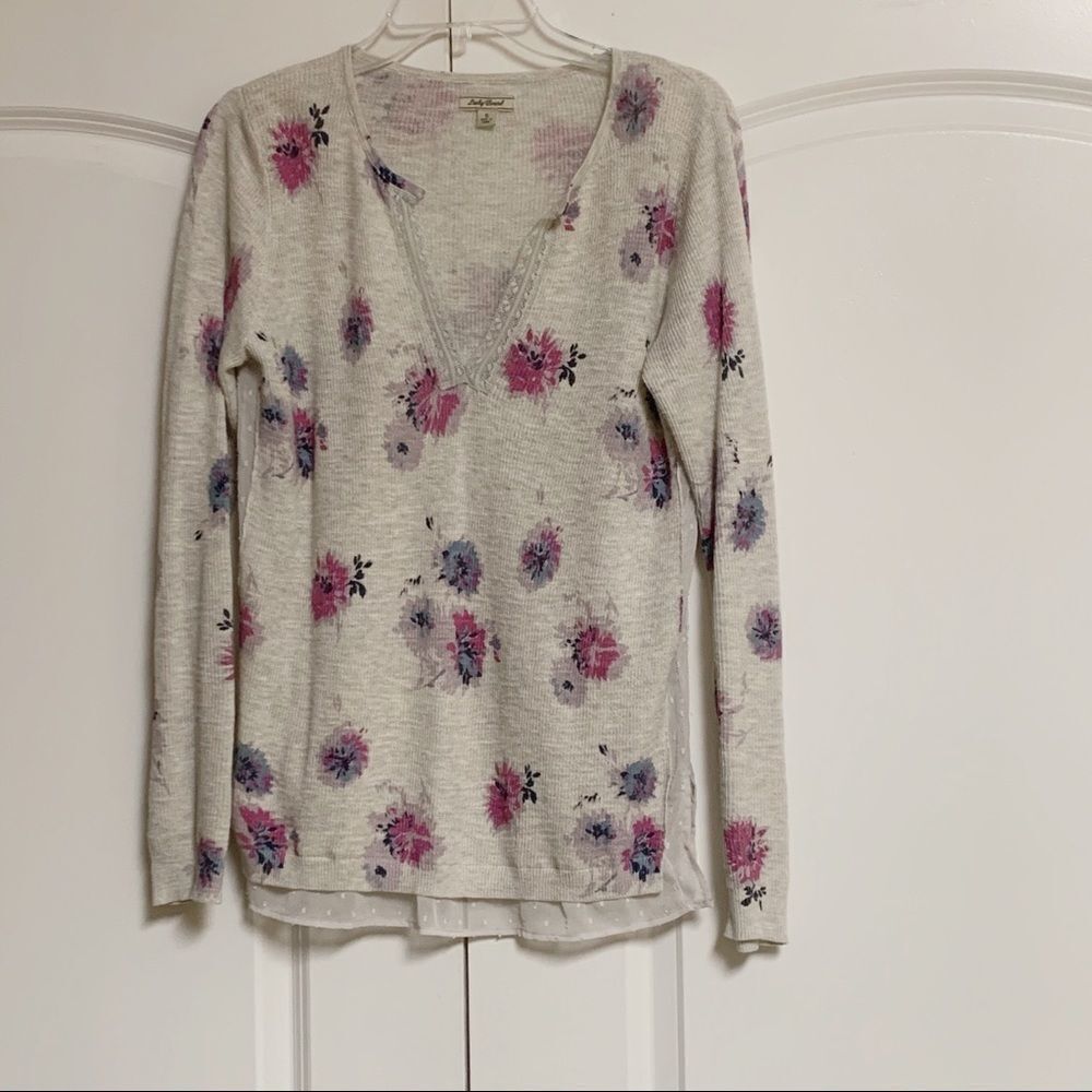 Lucky Brand Gray Floral Dot Lace Layered V Neck Tunic Lightweight Sweater S